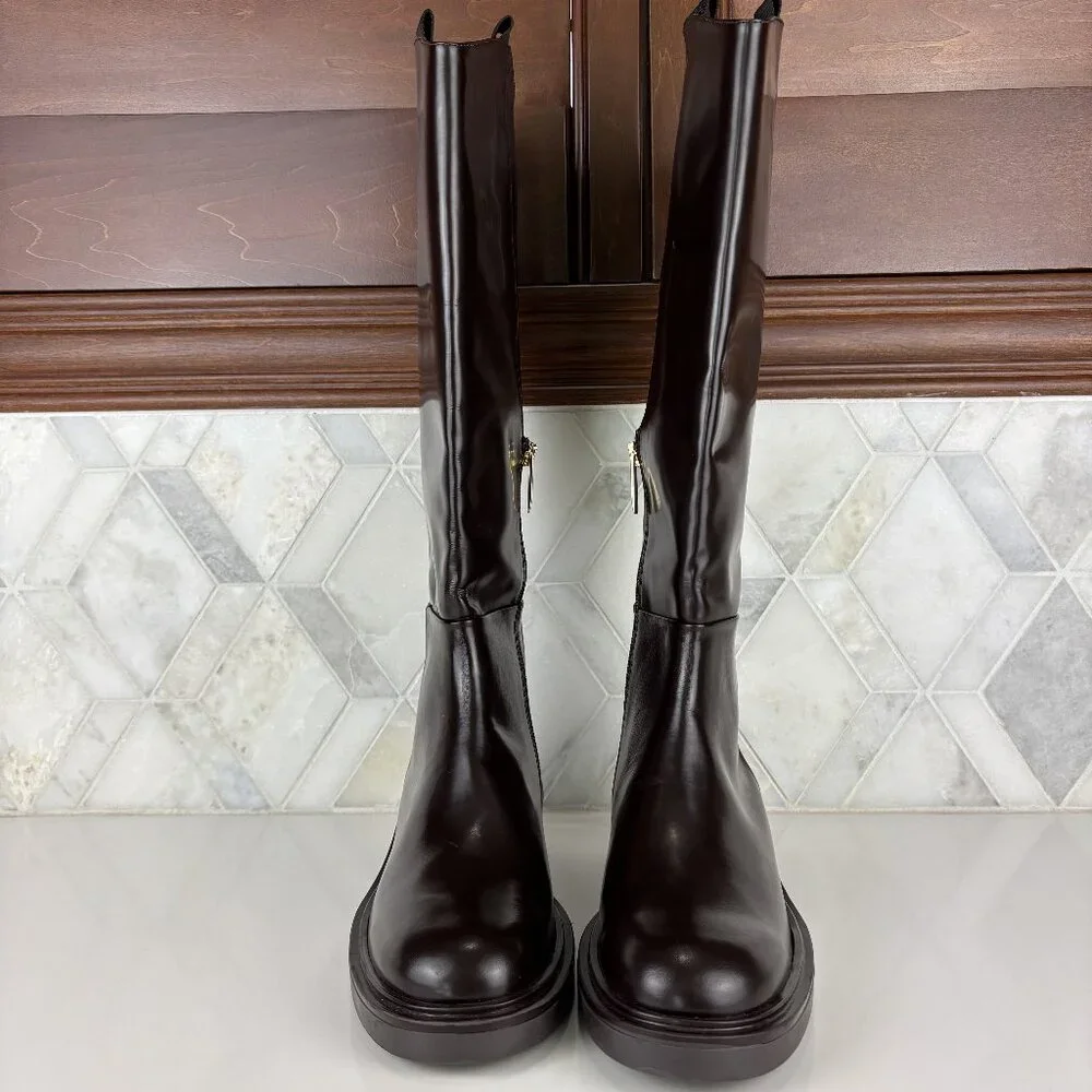 39/9 Dark Brown Walnut Round Toe Block Heel Wide Sole Knee High Pull On Zip Boot - Picture 2 of 16